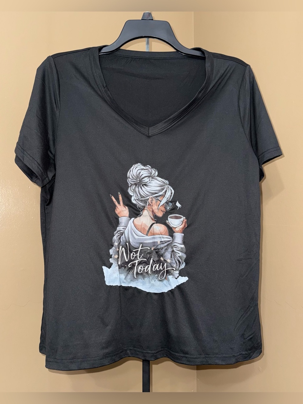 NEW “NOT TODAY” Women's Black V-Neck Graphic Tee. Size 2XL/3XL.